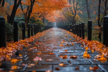 Autumn leaves cover wet bridge peaceful scene.