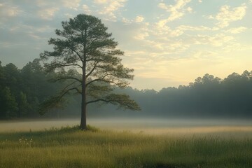 Lone tree stands in misty morning meadow