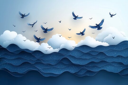 Stylized Tropical Sky with Clouds and Birds Over Blue Ocean Waves at Dusk
