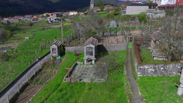 Traditional stone horreos in Galicia, Spain. An horreo is a typical granary from the northwest of the Iberian Peninsula. Aerial View.