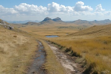 Brown grassland track leading to distant mountains