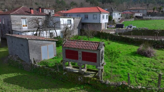 Traditional stone horreos in Galicia, Spain. An horreo is a typical granary from the northwest of the Iberian Peninsula. Aerial View.