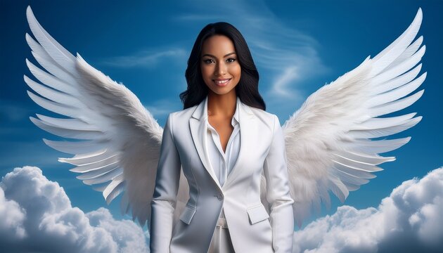 A smiling and muscular Angel in a white suit and white tie; cloud background, hyper realistic; an angel in white suit and tie with a large angelic wings; happy and delighted angelical angel with wings