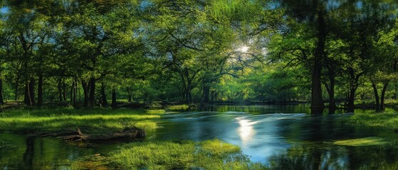 Fototapeta premium Sunlight pierces lush forest, reflecting on water.