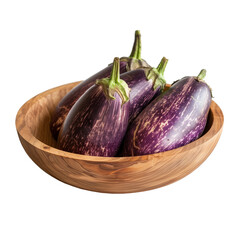 fresh purple eggplants  in a bowl, isolated on white transparent background, flat lay top view image