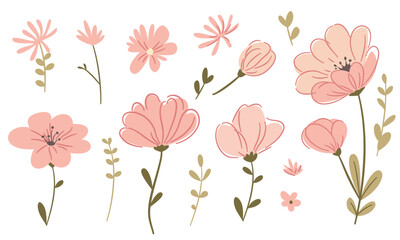 Vector set of cute pink flowers on white background. Flower buds and green twigs and leaves. Vector illustration
