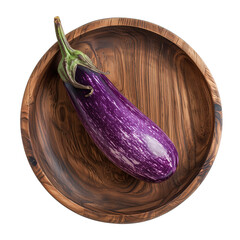 purple eggplant on a wooden plate, isolated on white transparent background, flat lay top view image