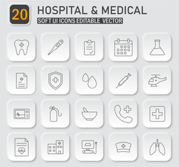 Neumorphic Hospital and Medical Icon Set in Soft UI Style Editable Vector