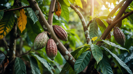 Obraz premium Ripening Cocoa Pods on a Branch in a Lush Green Plantation with Sunlight Filtering Through the Leaves for Sustainable Agriculture