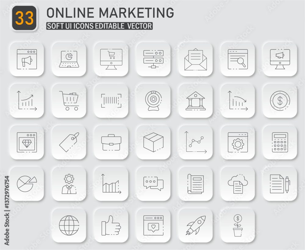 Poster set of editable vector soft ui icons representing various online marketing elements