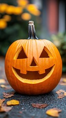 Jackolantern with autumn leaves, and outdoor.