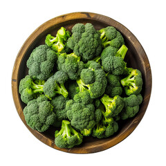 broccoli in a wooden bowl, isolated on white transparent background, flat lay top view image