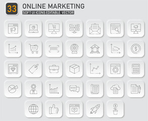 Set of editable vector soft UI icons representing various online marketing elements