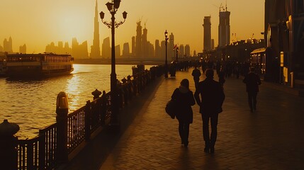 Golden hour stroll along Dubai waterfront.  Couple enjoying city views at sunset