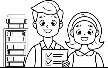 Cartoon Boy Girl Checklist Line Art, Smiling Characters with Checklist, White Background