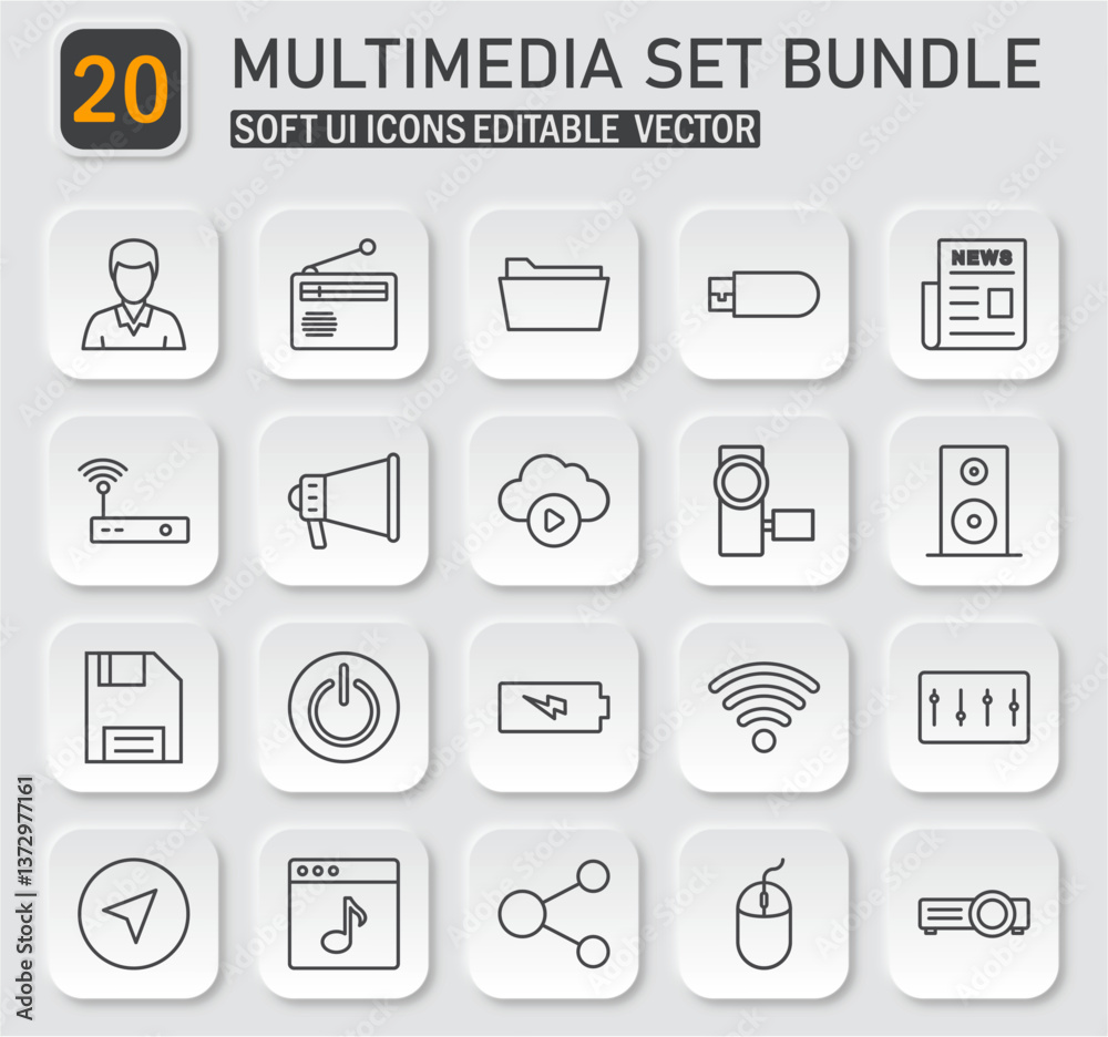 Poster multimedia set bundle with soft ui icons and editable vector designs