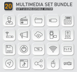 Multimedia Set Bundle with Soft UI Icons and Editable Vector Designs