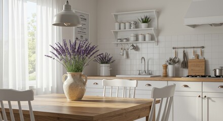 A bright and airy kitchen interior with a rustic farmhouse theme, featuring a wooden table adorned with a bouquet of fresh lavender in a vintage ceramic vase