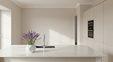 A modern open-concept space with a neutral color palette, featuring a white quartz kitchen counter holding a sleek geometric vase with lavender stems
