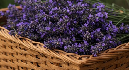 Fototapeta premium Wicker basket filled with freshly cut lavender flowers