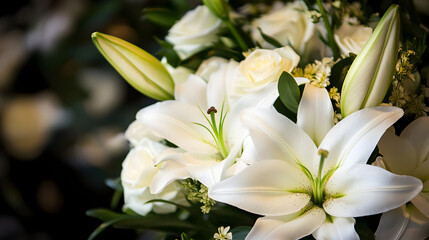 Fototapeta premium An elegant funeral bouquet of white lilies and roses, symbolizing peace, love, and respect for the departed.
