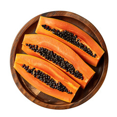 papaya fruit on a bowl, ripe papaya, orange fruits isolated on white background, top view, flat lay