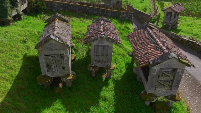 Traditional stone horreos in Galicia, Spain. An horreo is a typical granary from the northwest of the Iberian Peninsula. Aerial View.