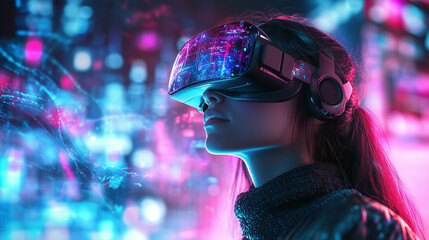 A young woman wearing VR goggles fully immersed in artificial reality