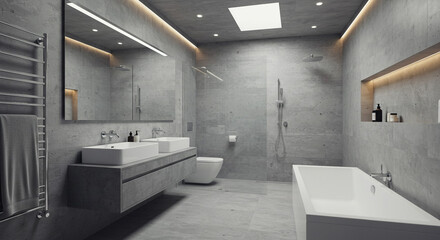 A serene modern bathroom designed with sleek concrete textures, minimalist fixtures, and a spacious layout featuring a large bathtub and double vanity under soft ambient lighting.