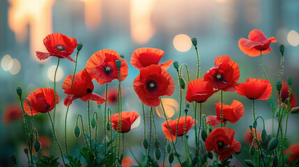 Obraz premium red poppies with Sydney in the background, Anzac Day, poppy field, National Day of Remembrance, memory, First World War, April 25, Australian holiday