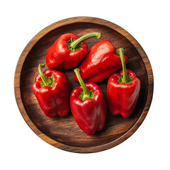 fresh red bell on wooden plate, isolated on transparent background