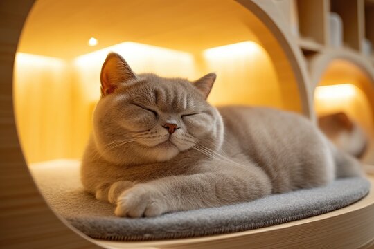 Cute british shorthair cat sleeping peacefully in modern cat tree condo