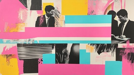Colorful abstract collage incorporating retro business imagery and bold lines