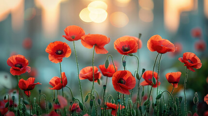 Fototapeta premium red poppies with Sydney in the background, Anzac Day, poppy field, National Day of Remembrance, memory, First World War, April 25, Australian holiday