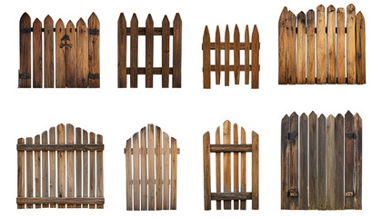 Various wooden fences isolated on white, set