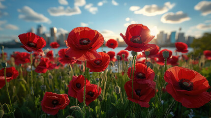 red poppies with Sydney in the background, Anzac Day, poppy field, National Day of Remembrance, memory, First World War, April 25, Australian holiday