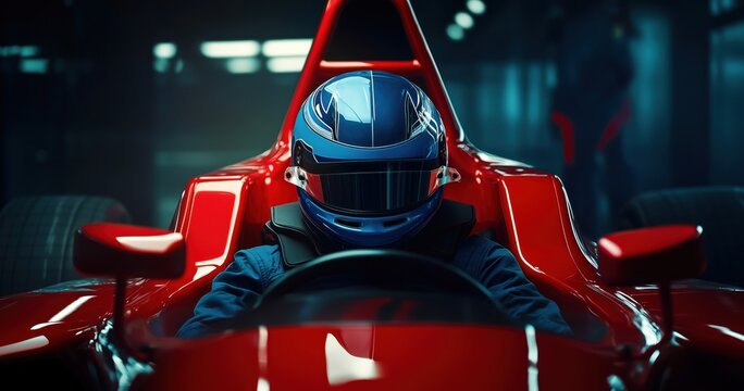 Un pilote de course automobile assis dans une voiture de course rouge, portant un casque bleu, sur un fond sombre, sans logo, ni sponsor visible.