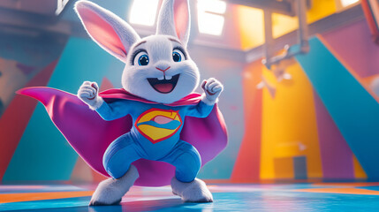 Easter greeting card with cartoon bunny wearing superhero costume