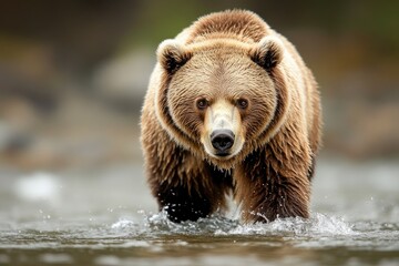 Obraz premium Large brown bear walking in river looking forward