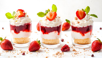 Delicious dessert. Sponge cake, strawberries, jam and whipped cream in glasses isolated on white