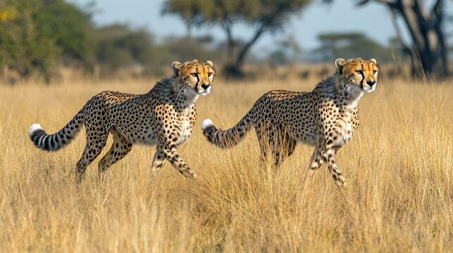 Two cheetahs running in the african savanna