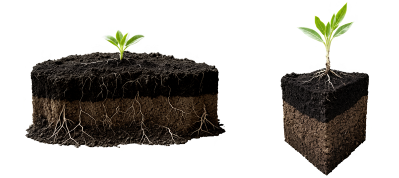 Cross-section of soil with plant toots showing, young green seedling growing in earth layers with a slightly cracked surface, isolated on a transparent background