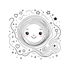 Cosmic character sketch cute smiling surrounded by swirls and stars against a white background