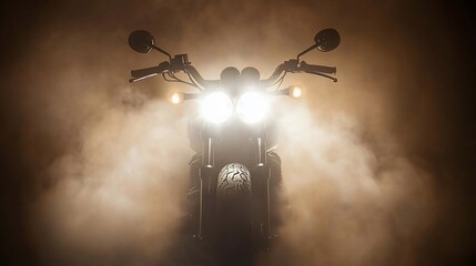 Motorcycle lights blaze through smoke, capturing power and freedom on the road