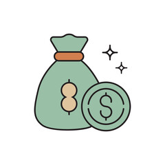 Illustration Depicting Financial Performance with a Money Bag, Dollar Coin, and Sparkles Symbolizing Success, Growth, and Stability