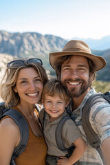 Family hiking in the mountains, captured in a selfie, showcasing joy and togetherness amidst a scenic outdoor backdrop.