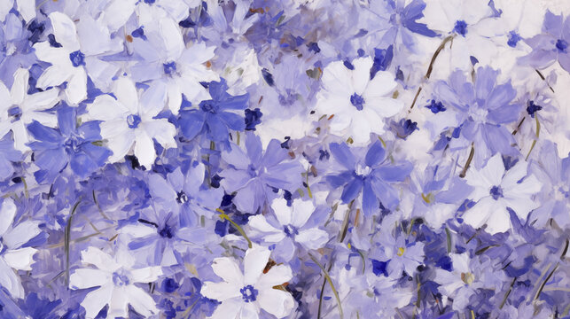 Beautiful art depicting a field of blue and white flowers in a soft, dreamy background
