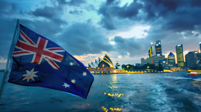 australia flag fluttering against sydney skyline, architecture, ocean, sea, country symbol, cross, stars, southern cross, australia day, anzac day, opera house