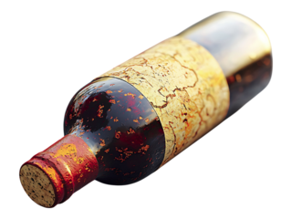Aged wine bottle with distressed label, lying on dark textured surface.  Evokes themes of time, history, and vintage. Ideal for concepts of legacy, maturity, or the passage of time.