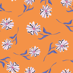 Spring, hand drawn flowers with leaves seamless repeat pattern. Random placed, vector botany aop, all over surface print on orange background.